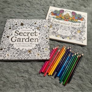 Secret Garden & Enchanted Forest coloring books by Johanna Basford + pencils
